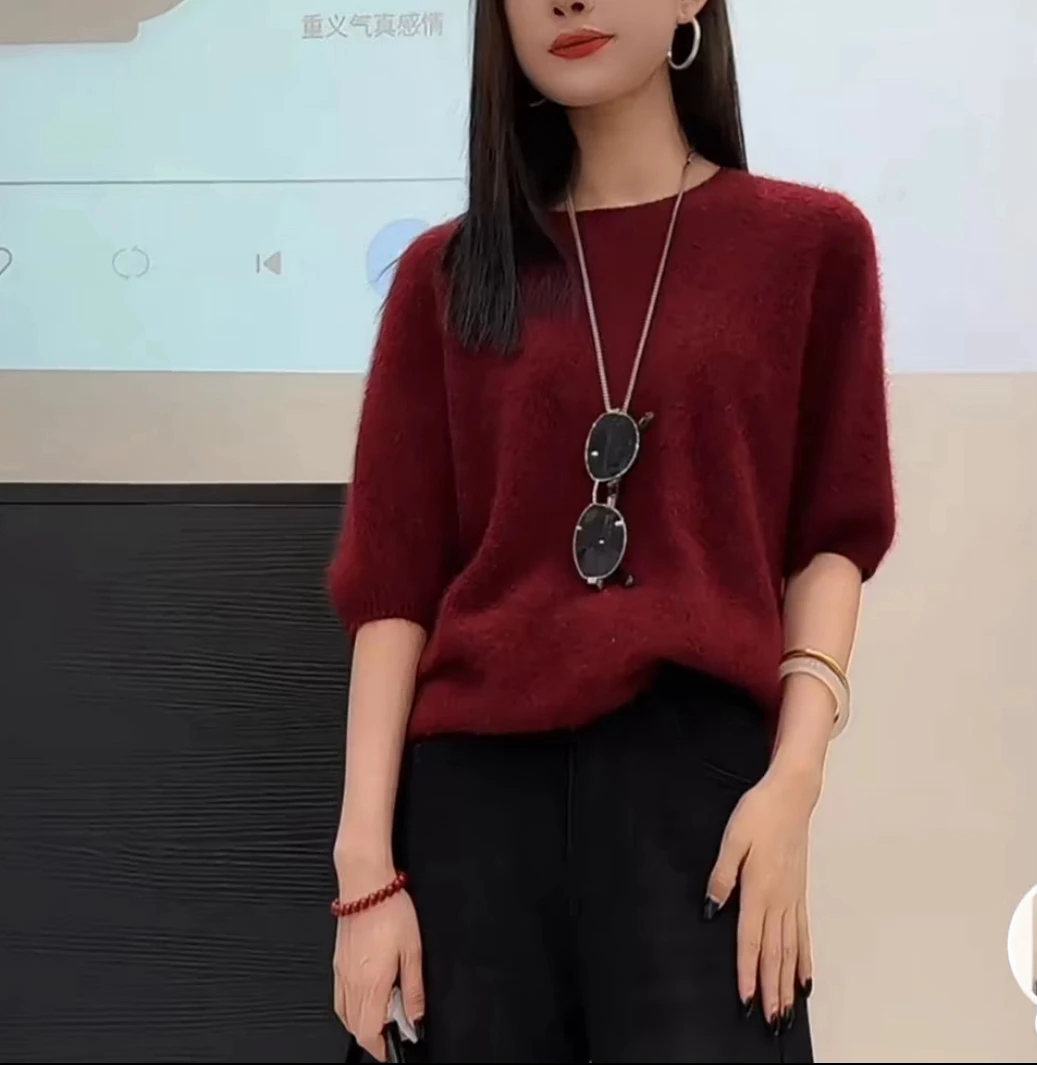 852韩系复古百搭显白豹绒红色半袖毛衣127