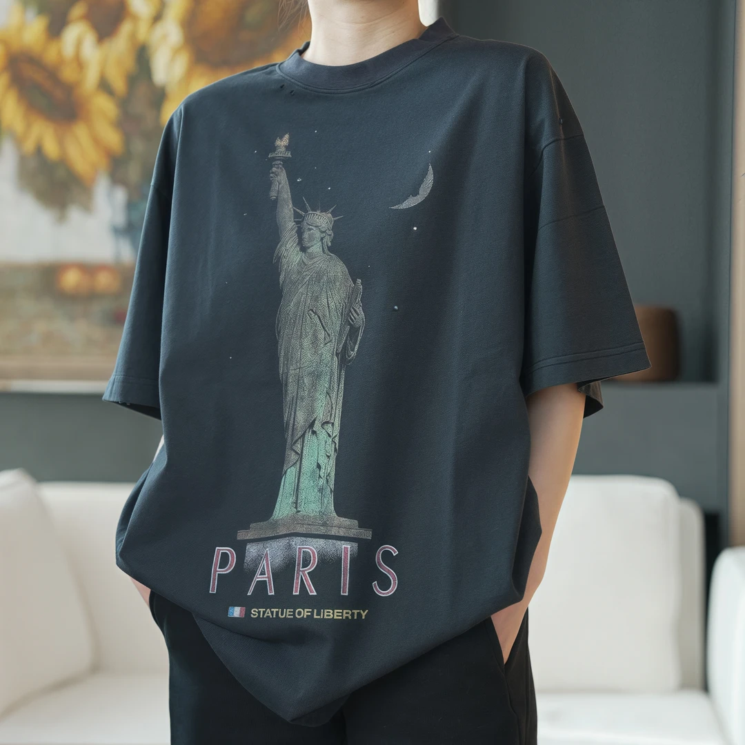 ”5897版“自由女神水洗做旧破坏宽松版型短袖 人工128处手工破坏