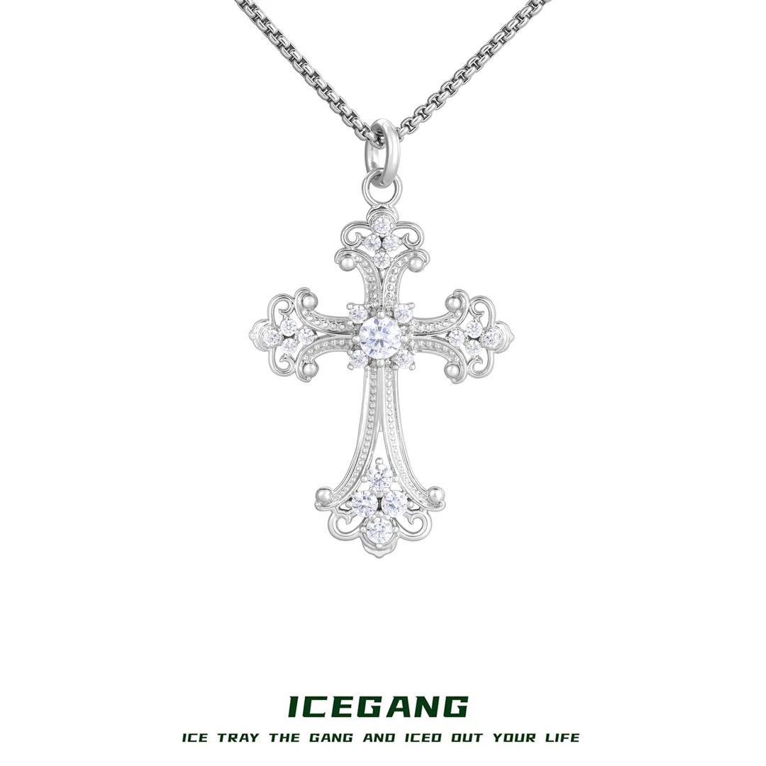 ICEGANG 铜合金合成锆石吊坠 巴洛克镂空十字架吊坠高级轻奢复古