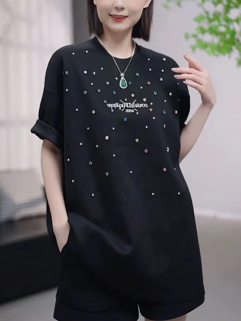 (以直播间实物为准)小众设计感重工烫钻显瘦圆领短袖T恤上衣A4-6