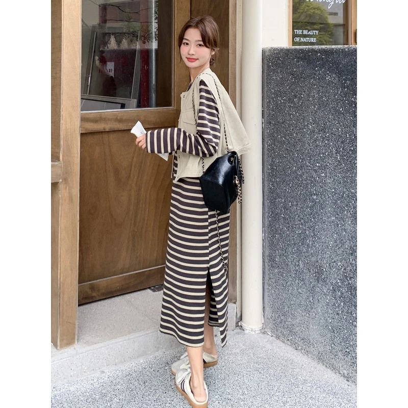 慵懒风休闲长袖条纹连衣裙马甲套装女2025年秋季新款高级感两件套