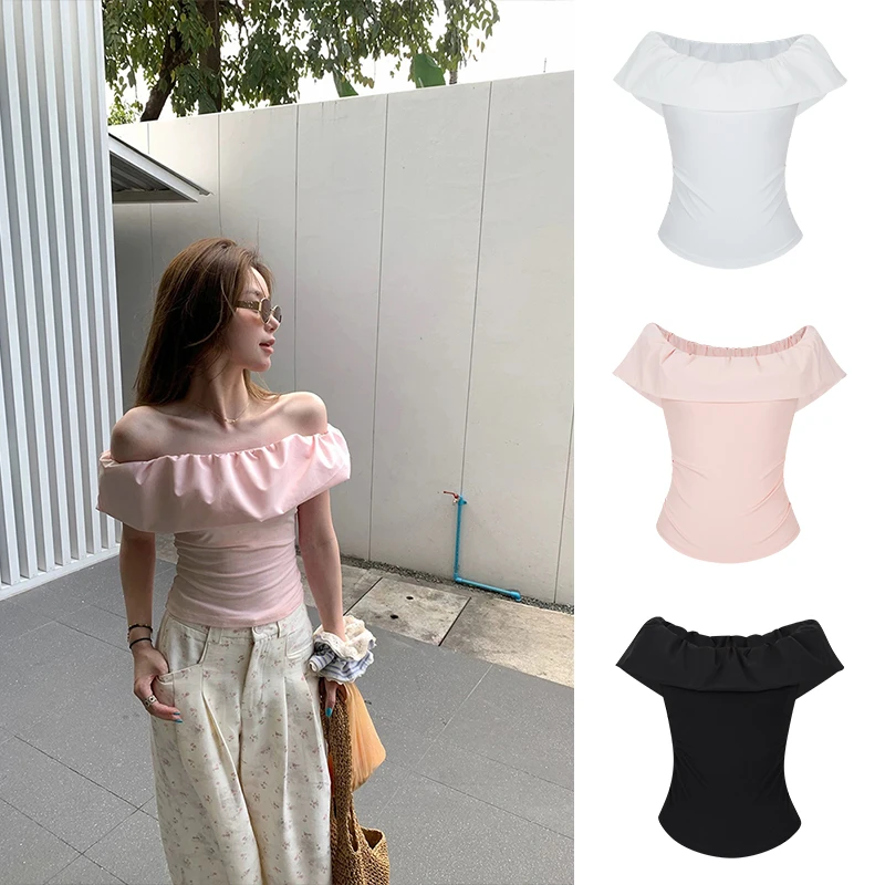 Moses Queen/魔西女王白色一字肩荷叶边短袖T恤褶皱法式短款上衣