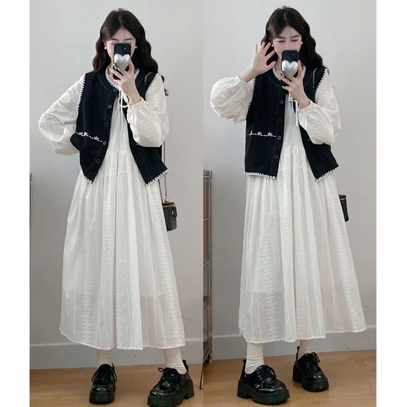 大码胖mm秋季新款温柔风法式黑色马甲宽松休闲连衣裙两件套装女