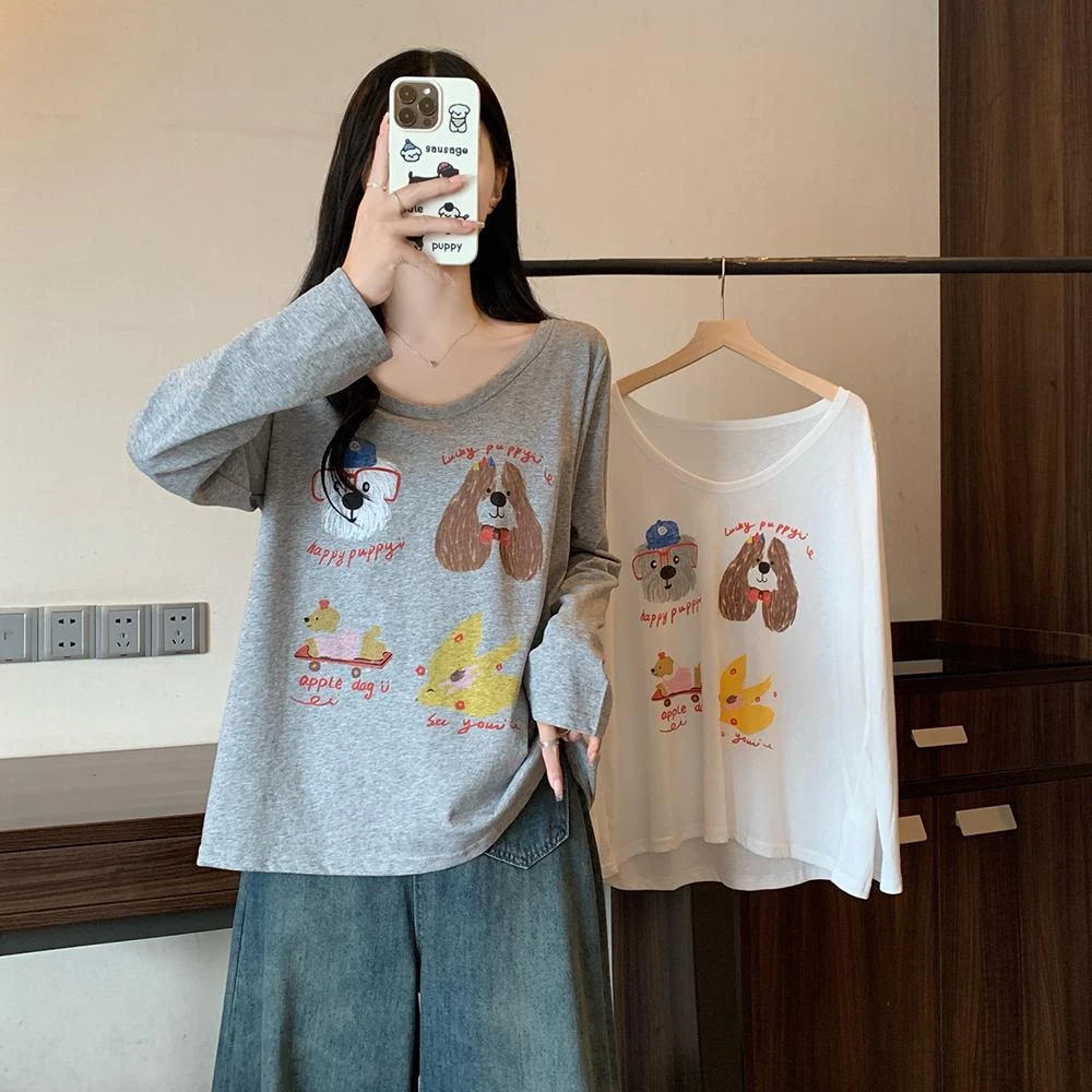 特价秋季大码女装新款狗狗印花长袖T恤女打底衫ins百搭显白上衣