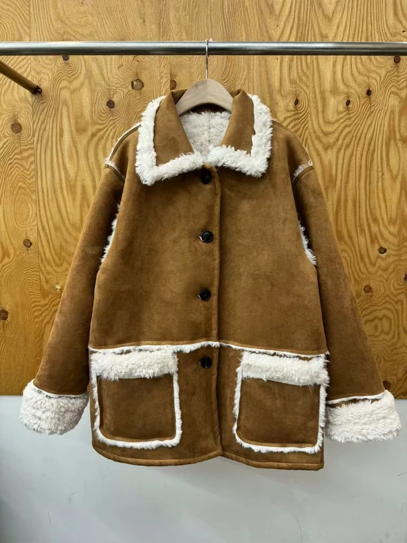 韩国东大门project view麂皮羊羔毛两面穿外套