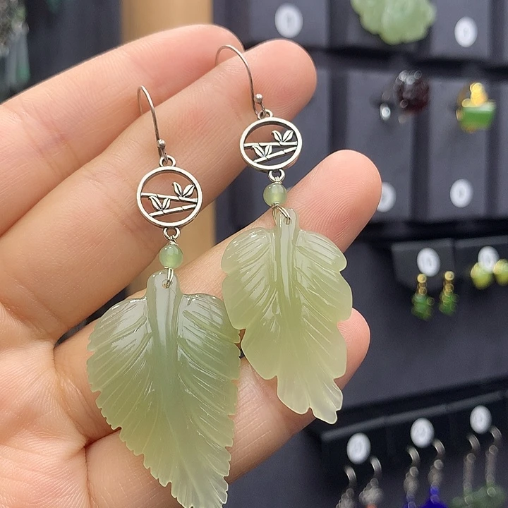 和田玉耳饰银S925镶嵌张*万