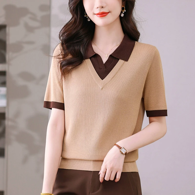 POLO领假两件上衣女夏季气质时尚冰丝针织衫2025新款短袖t恤高档