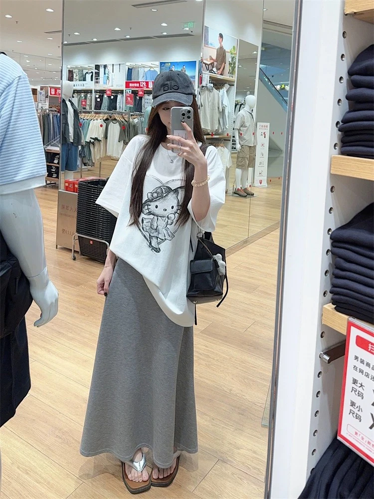 韩系慵懒风卡通印花宽松短袖T恤高腰半身裙伞裙女2025夏季两件套