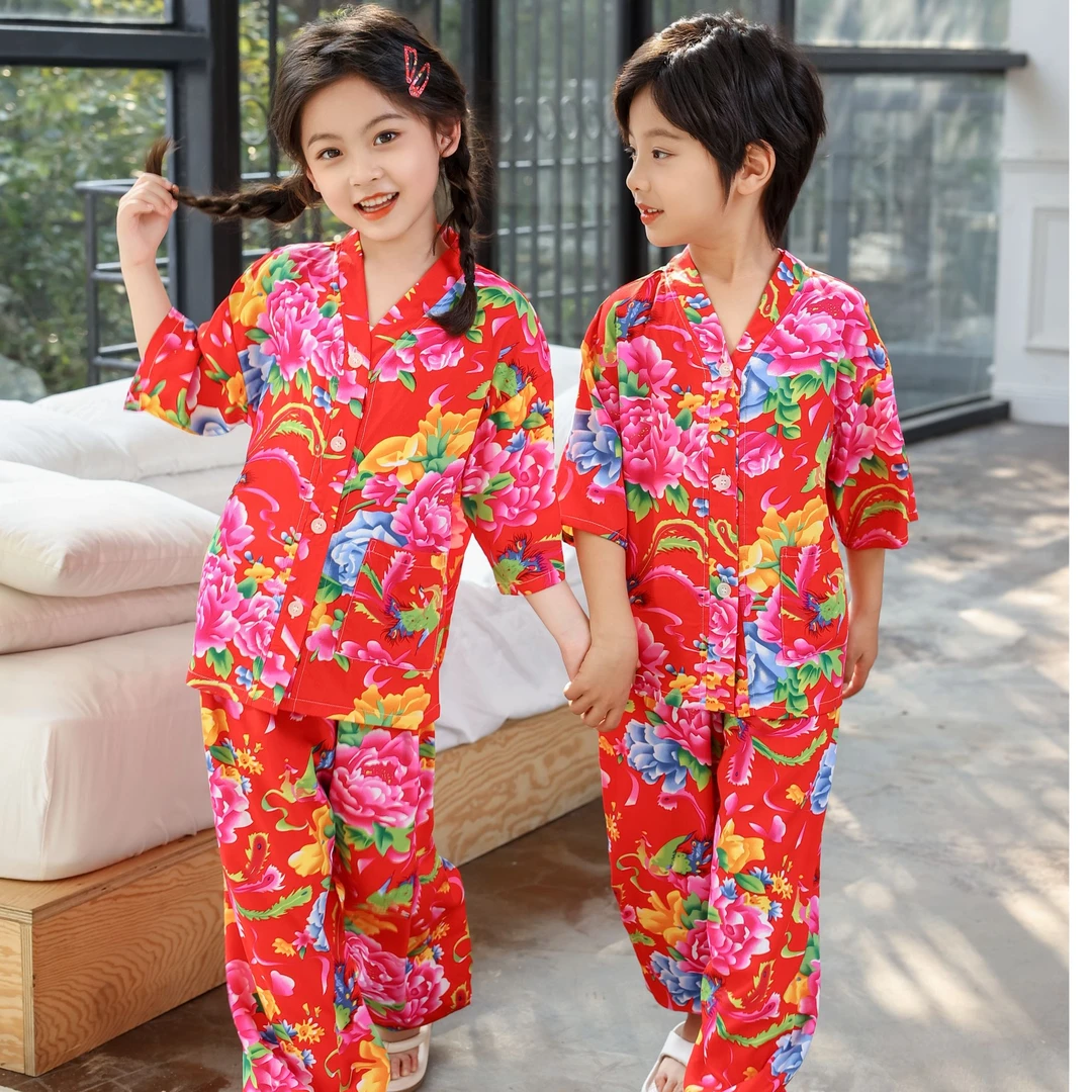 【精梳绵绸细纱柔软A级】亲子装棉绸长裤套装夏季儿童款睡衣亲子