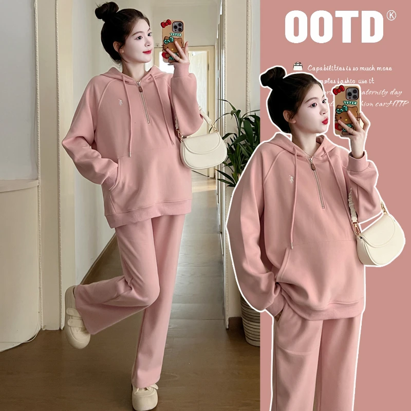 孕妇秋冬套装加绒加厚新款时尚外穿修身连帽卫衣托腹裤休闲两件套
