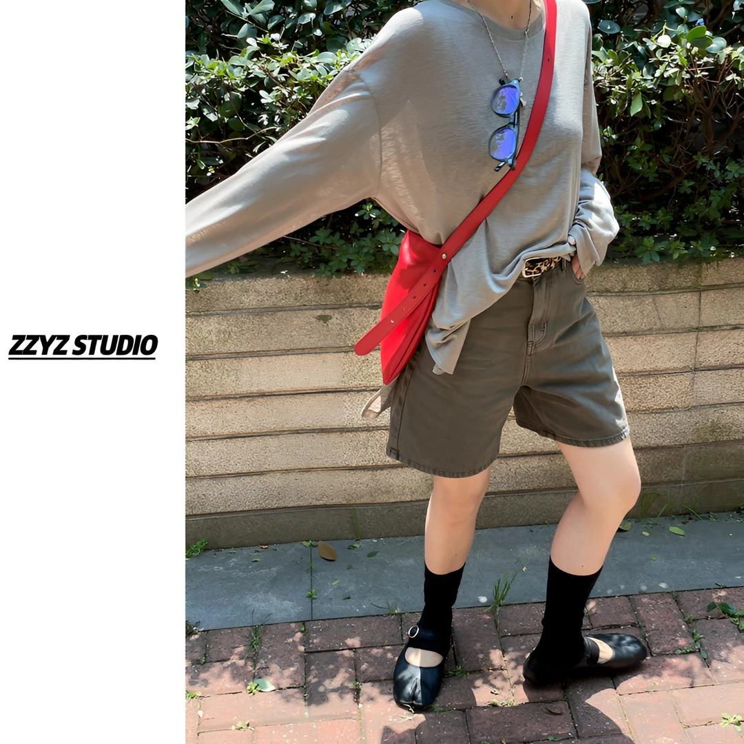 【ZZYZ】“云雾松林”韩版高腰显瘦豹纹腰带牛仔短裤宽松休闲直筒裤