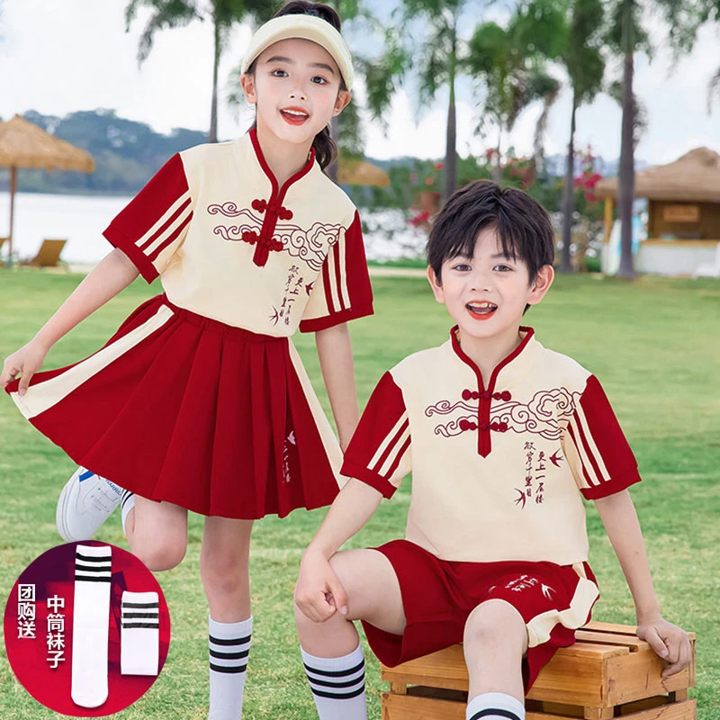 幼儿园园服夏季短袖套装新中式小学生校服学院运动中国风红色班服
