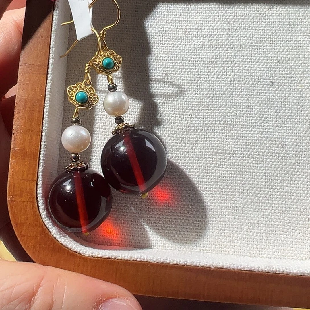 琥珀未镶嵌耳饰血珀耳环