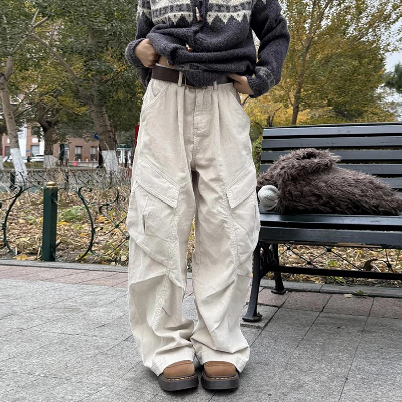 美式褶皱伞兵复古工装裤女街头宽松时尚设计感多口袋早春工装裤