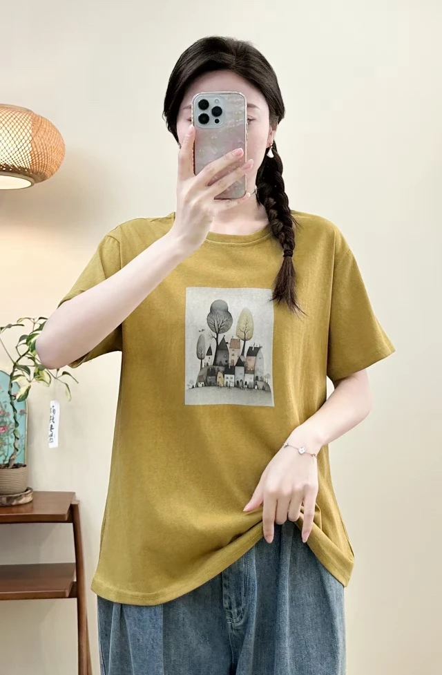 复古港风吸汗通勤短袖宽松型T恤打底衫夏装印花简约