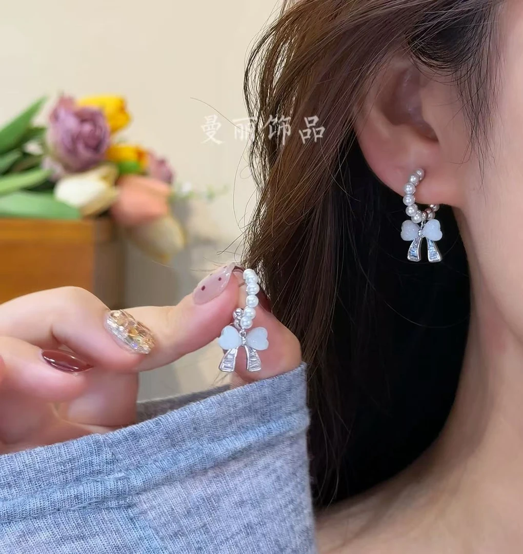 铜合金耳饰 2025精致微镶细珠猫石蝴蝶结耳钉