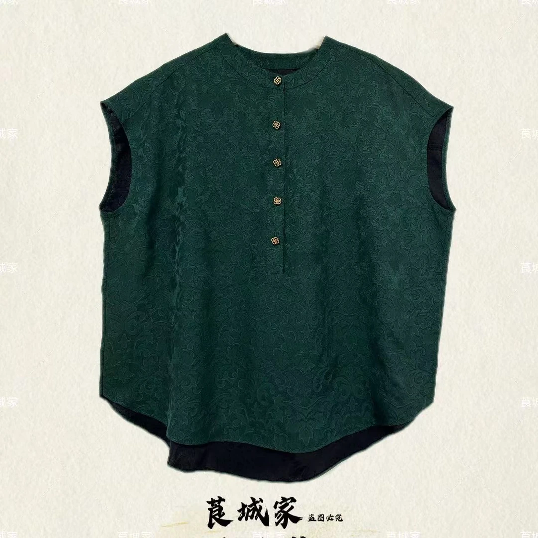 S1926尔雅  高定系列定制扣凤尾花黑绿提花无袖小衫