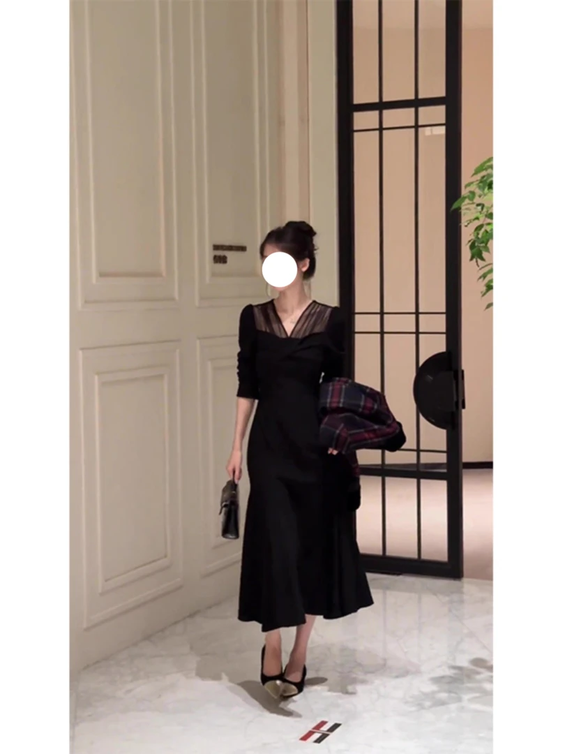 2025秋季新款高级感法式裙子内搭长裙高端气质黑色长袖连衣裙女装