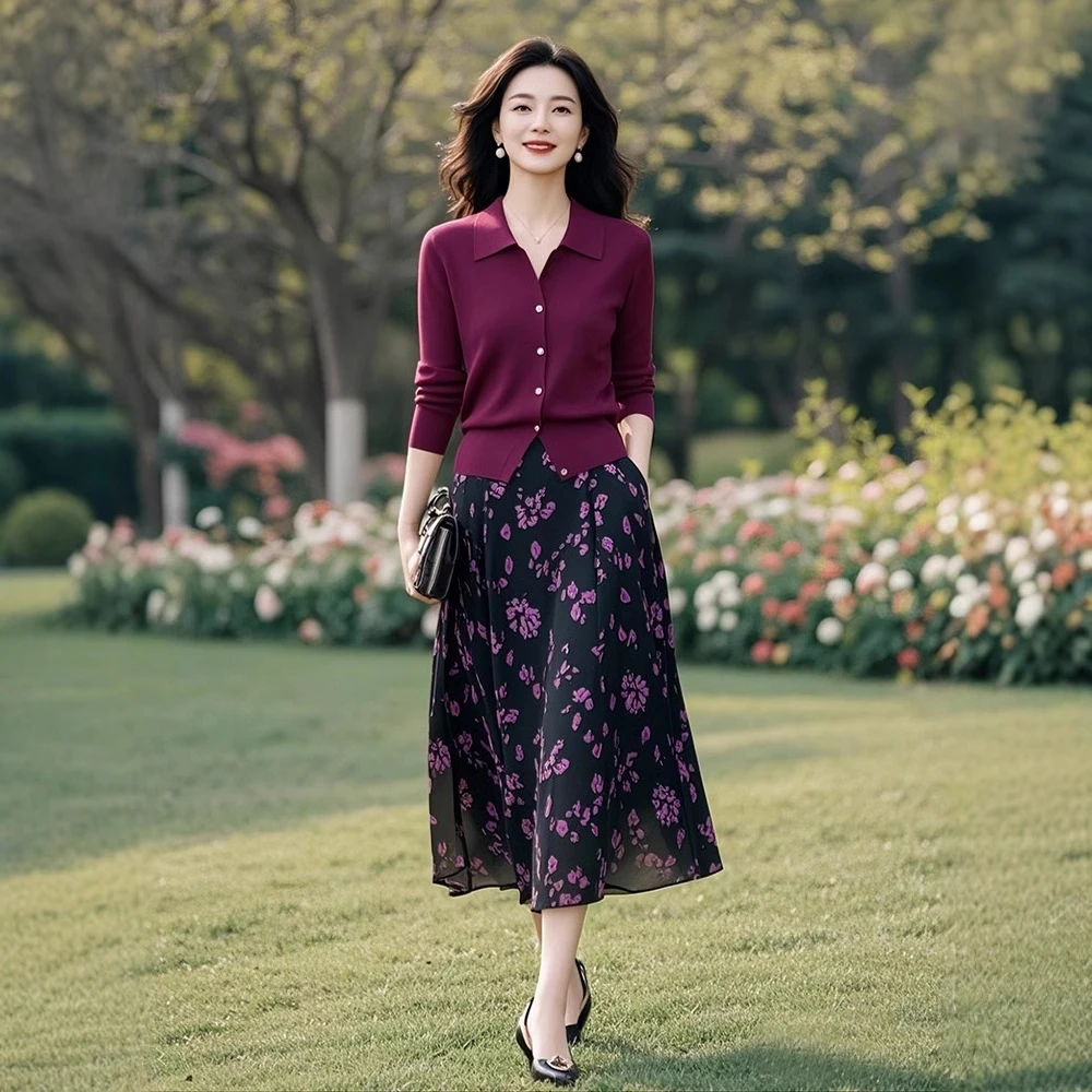 春秋季穿搭一整套气质休闲高级感中年妈妈针织衫碎花半身裙两件套