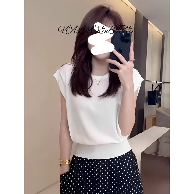 白色薄款冰丝针织衫短袖女夏季2025新款气质高端收腰针织上衣夏天