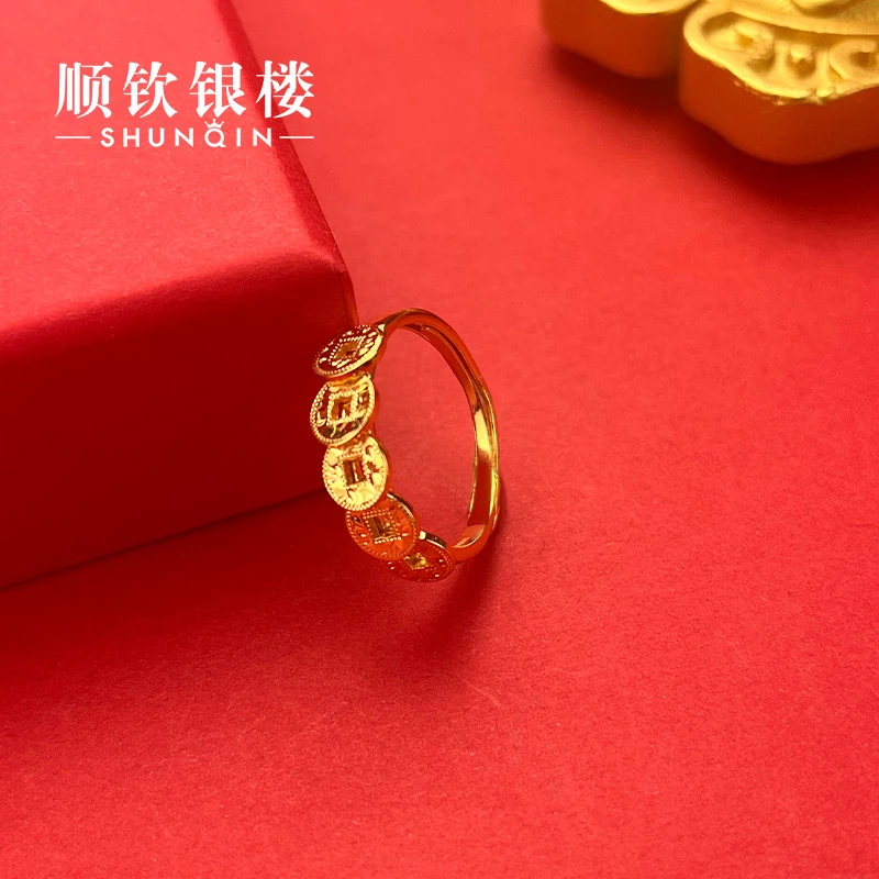 足银戒指 顺庆银楼【如意五帝钱戒指】足银990时尚简约小众银戒指