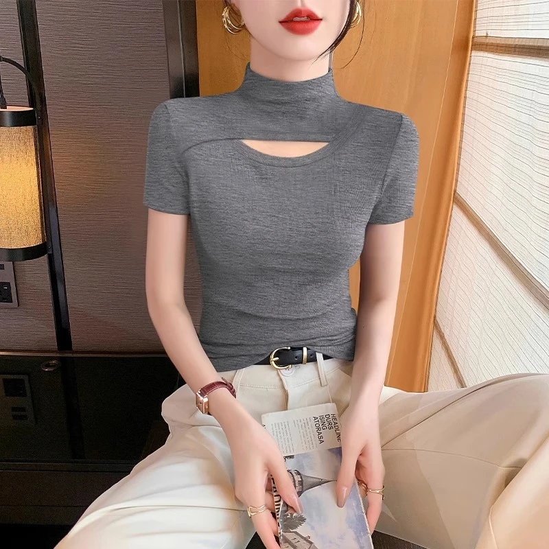 半高领中袖打底衫女2025新款秋冬内搭修身t恤高级感镂空洋气上衣