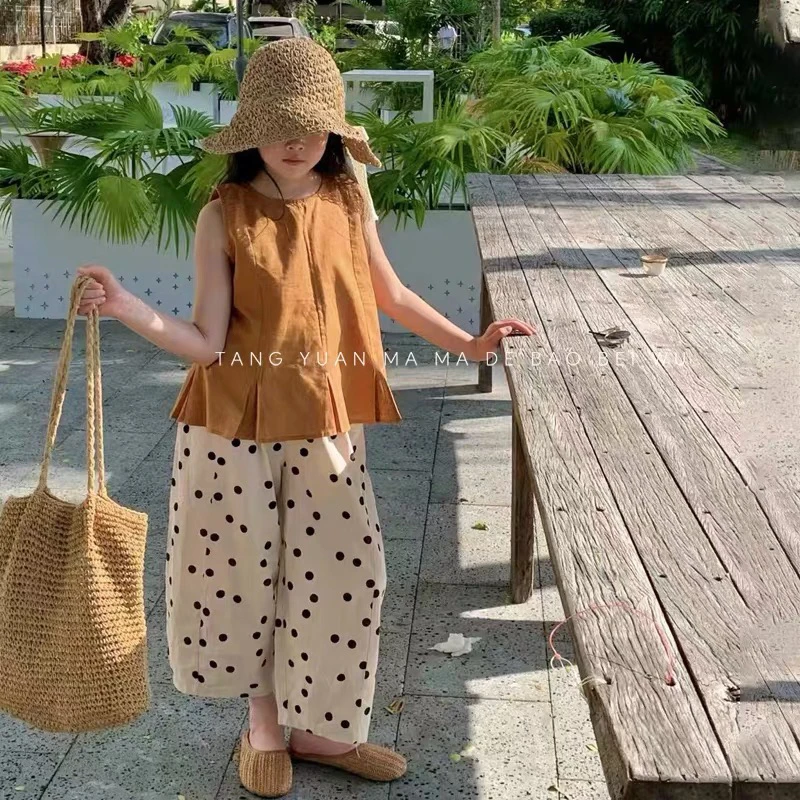 现货！夏季女童棉布娃娃衫长裤套装童装儿童女孩薄款阔腿裤两件套