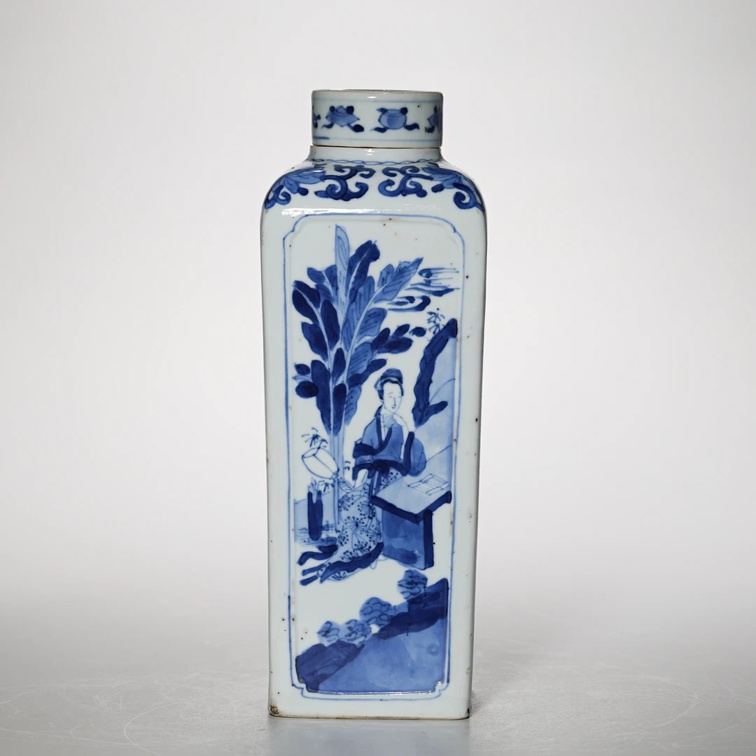 4056清康熙·青花仕女图四方瓶【古董拍卖】