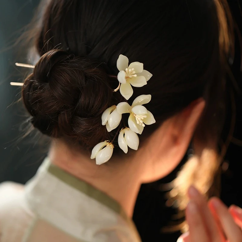 新中式旗袍汉服U型发簪配饰玉兰花盘发头饰簪子女古风高级感发饰
