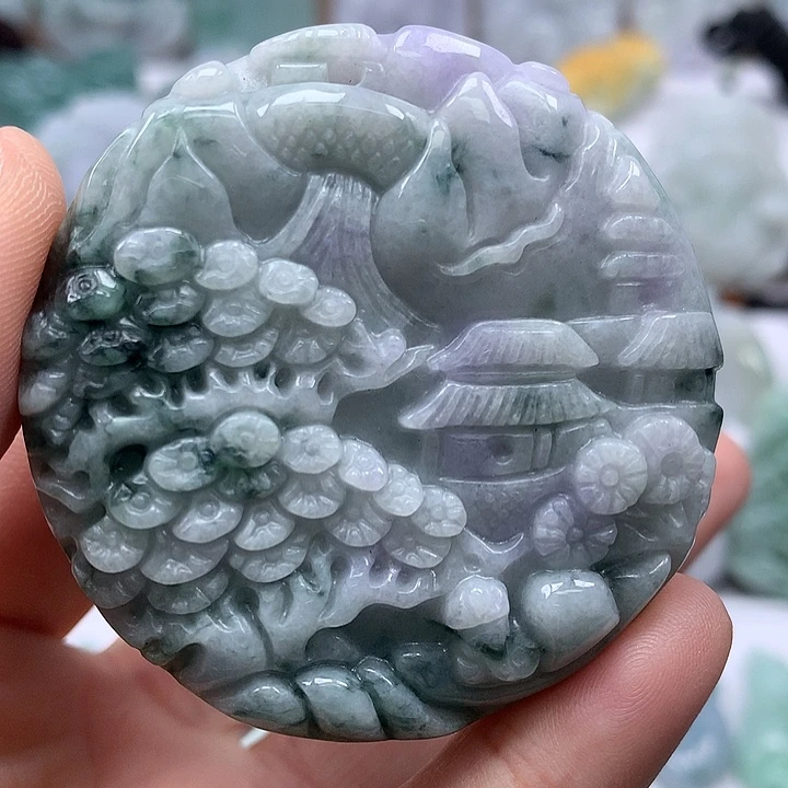 翡翠未镶嵌颈饰大山水两面工艺卡厚14+