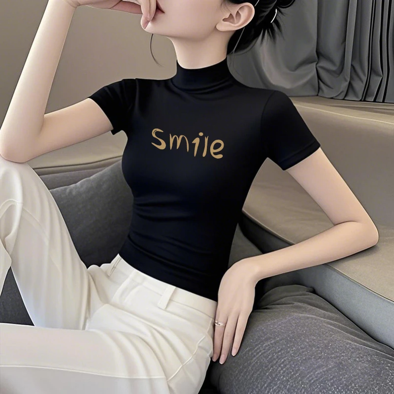 白色莫代尔冰丝短袖t恤女夏季新款薄款印花修身显瘦半高领上衣ins