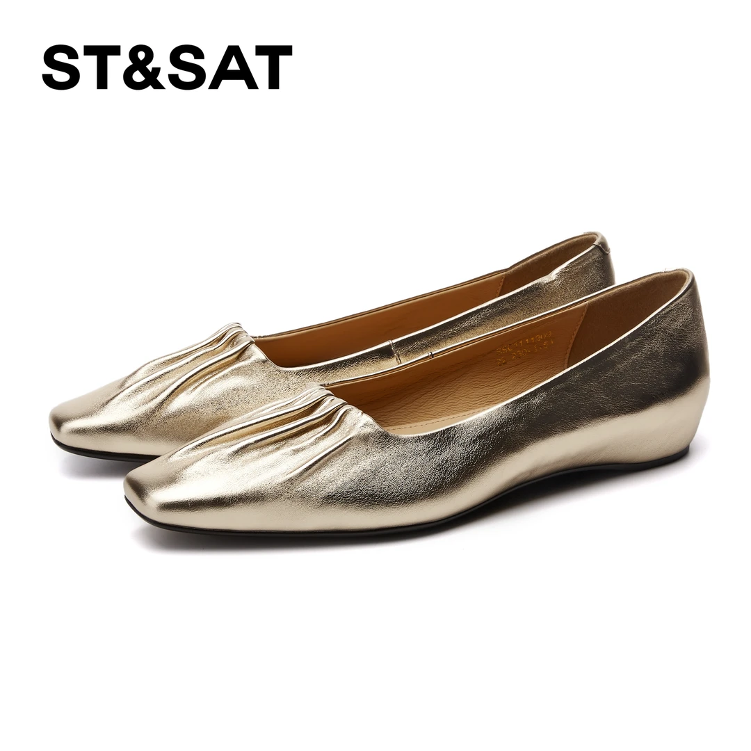 星期六金色牛皮浅口小皮鞋女2025夏季新款软底褶皱法式一脚蹬单鞋