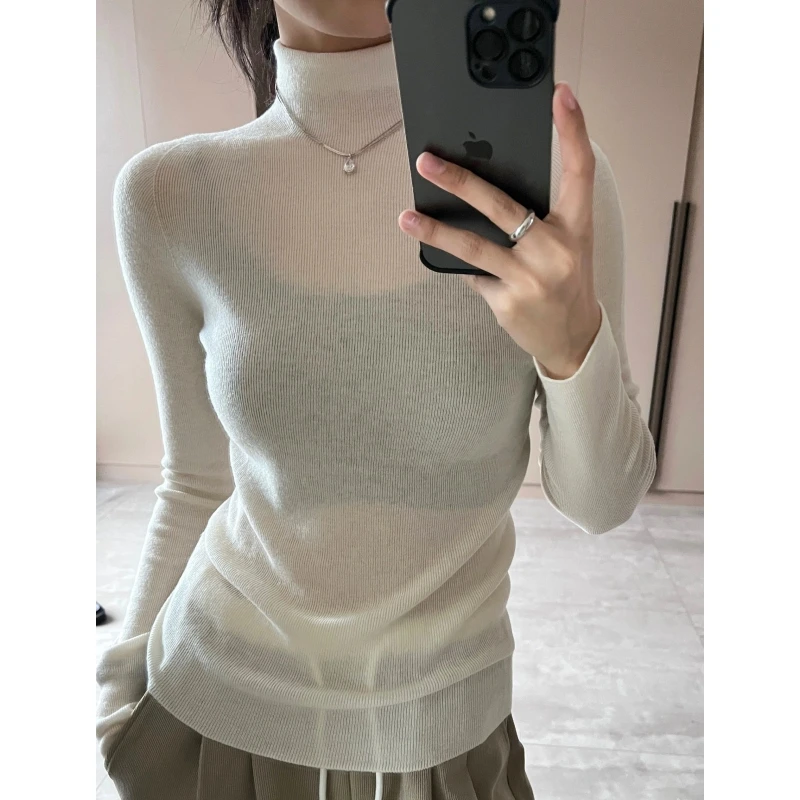 韩系穿搭春季修身百搭长袖上衣堆堆高领纯色针织内搭叠穿打底衫女