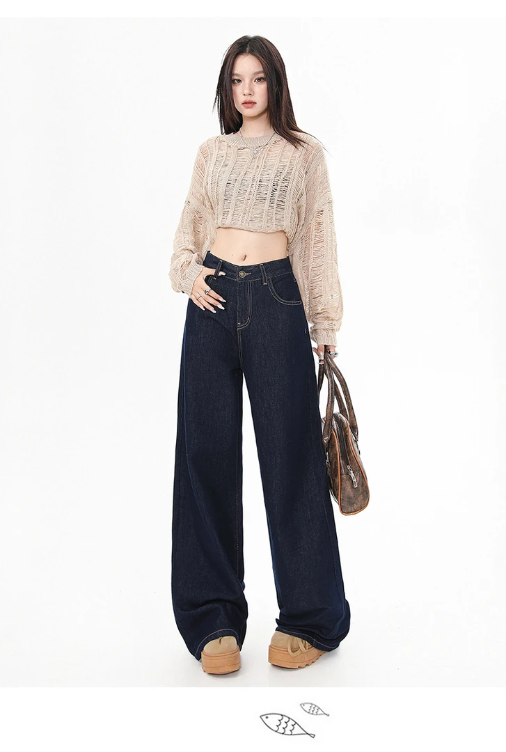 丹宁色垂感牛仔裤女2024秋季新款宽松阔腿裤原色百搭长裤