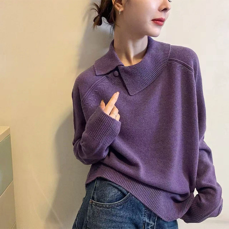 不规则翻领紫色针织衫女欧洲站2025冬装新款欧货女装毛衣打底衫潮