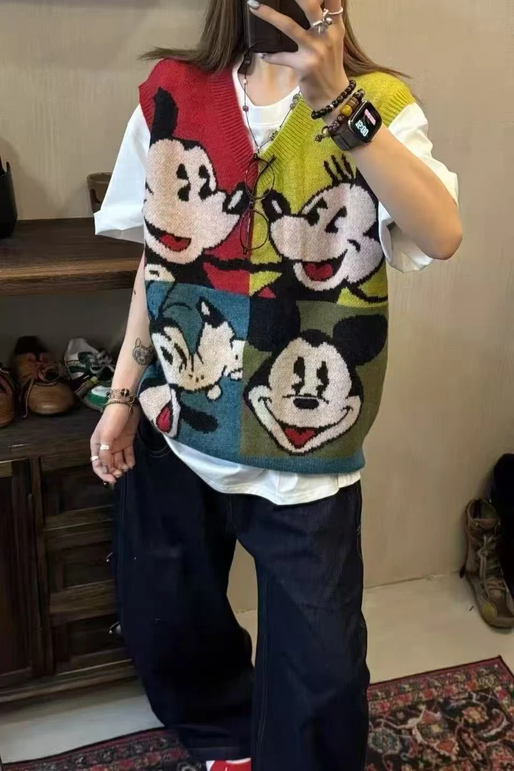 077秋季韩版新款时尚ins潮V领拼色卡通休闲百搭针织背心女