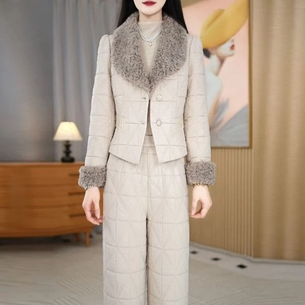 精纺雪花绒两件套2025秋季新款女装时尚气质显瘦上衣裤子轻奢套装