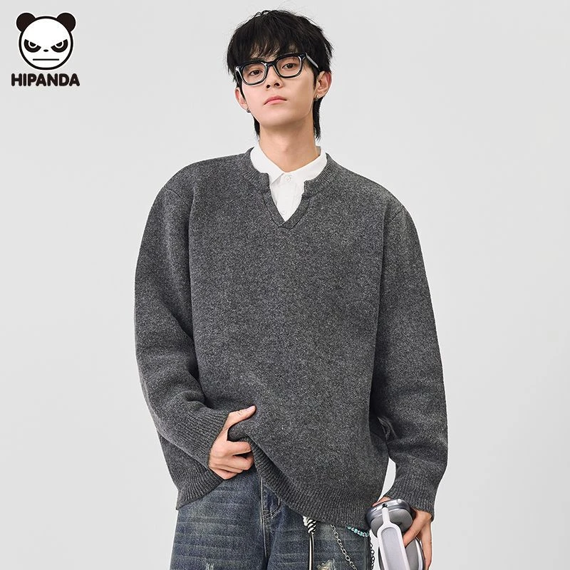Hi Panda长袖毛衣男装休闲慵懒秋冬季设计宽松复古百搭针织衫外套