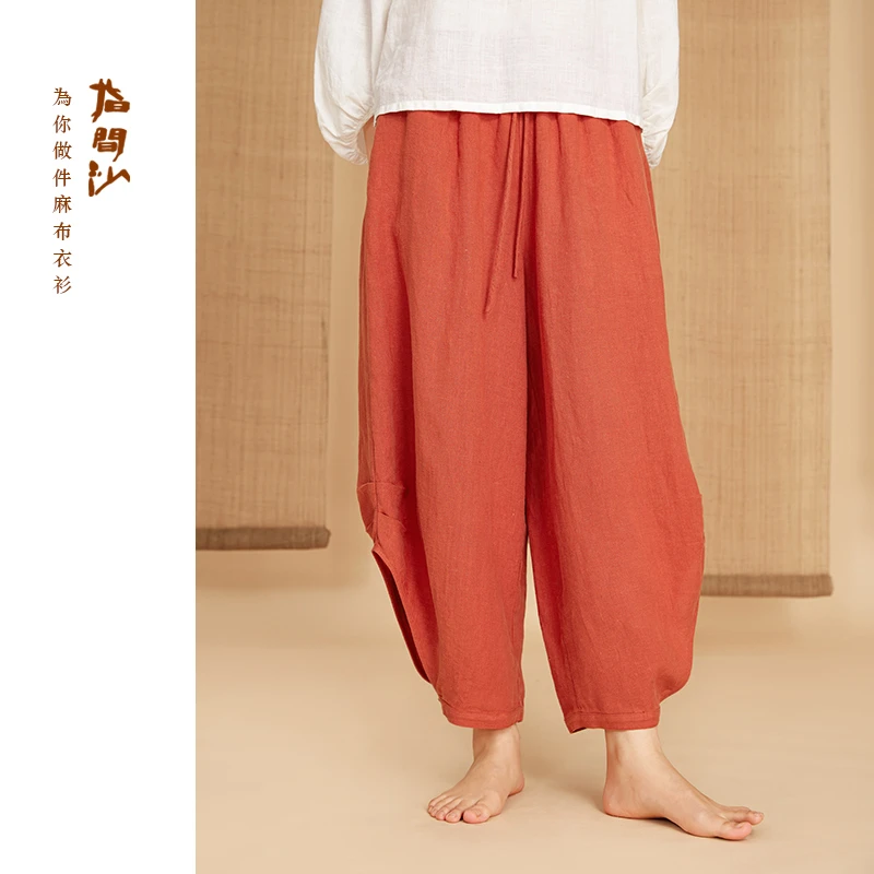 指间沙2522103女装25夏中式打揽高腰羊蹄式裤脚亚麻中长休闲裤