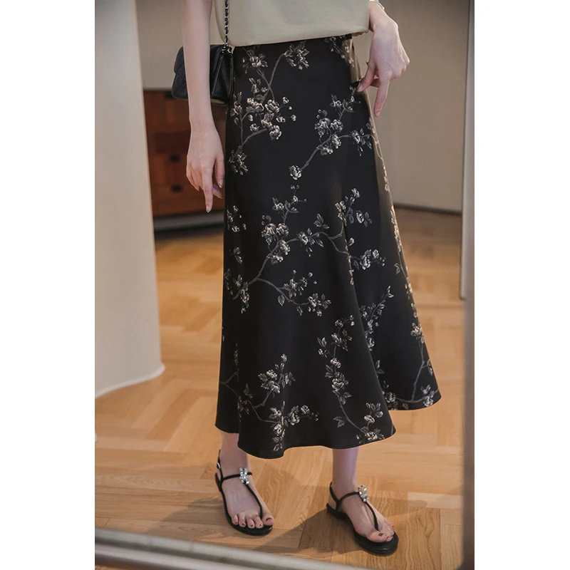 小谷粒缎光鱼尾裙 印花+绫罗缎 松紧高腰