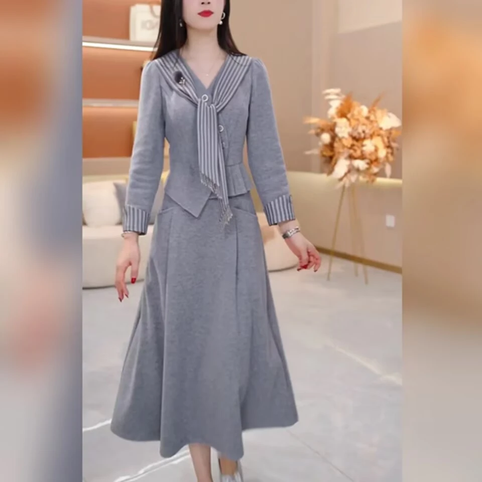 收腰减龄时尚早秋套装显瘦长裙拼接中长款法式修身【SJYH3107】