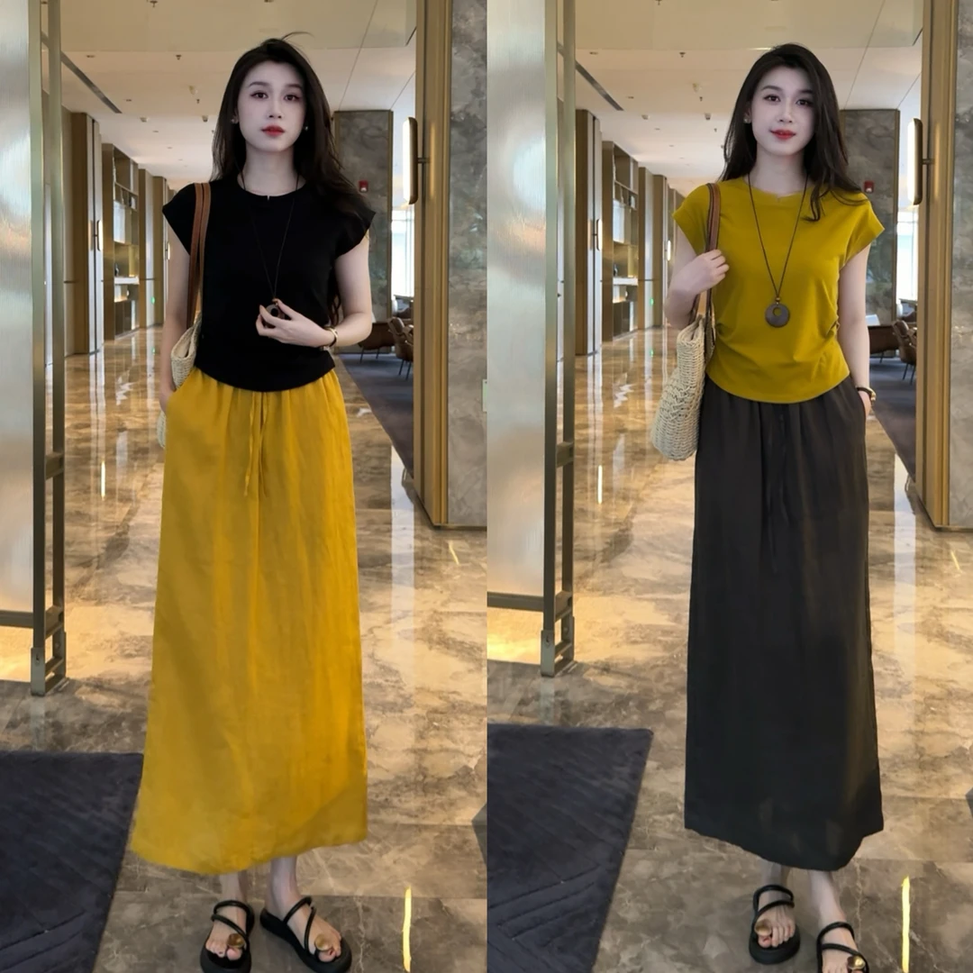 2025夏季新款时尚捏褶收腰上衣百搭松紧腰抽绳半身裙套装女