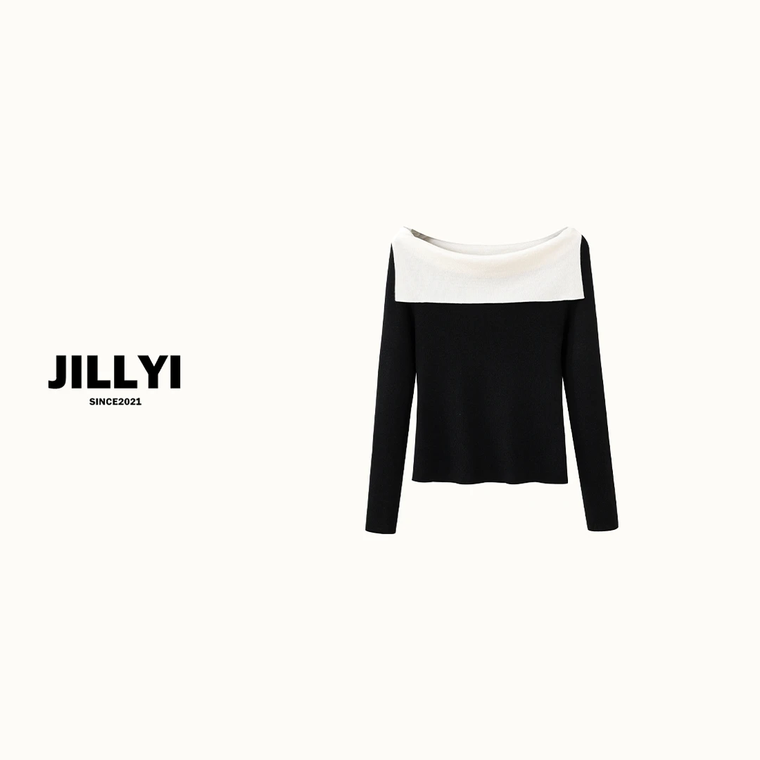 JILLYI南山店【黑白甜心】黑色一字领白色披肩针织衫秋季韩版时尚