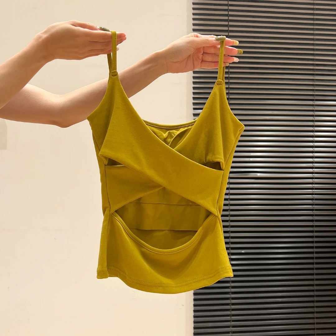 性感风黄色带胸垫辣妹后背镂空背心吊带女夏季新款美背设计感上衣