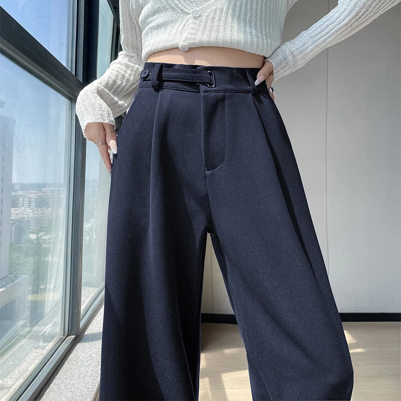 深蓝色西装窄版阔腿裤女秋季新款高级感垂感加长高腰小个子直筒裤