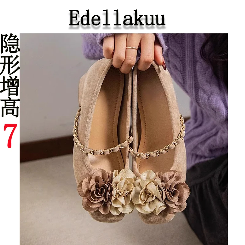 羊皮版~7cm小个子内增高法式仙女玛丽珍温柔复古山茶花配裙子单鞋