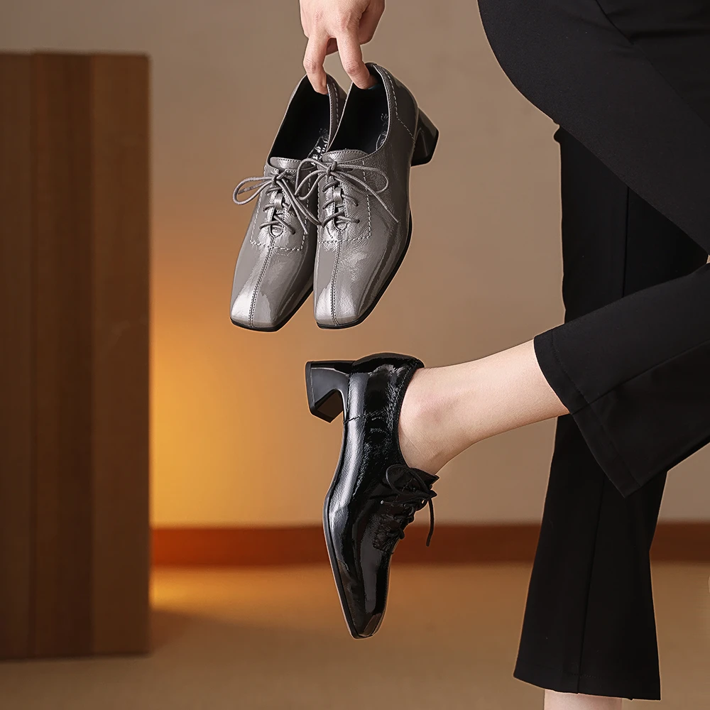 1889-2真皮单鞋女春季新款小方头粗跟中跟鞋系带皮鞋软底软面