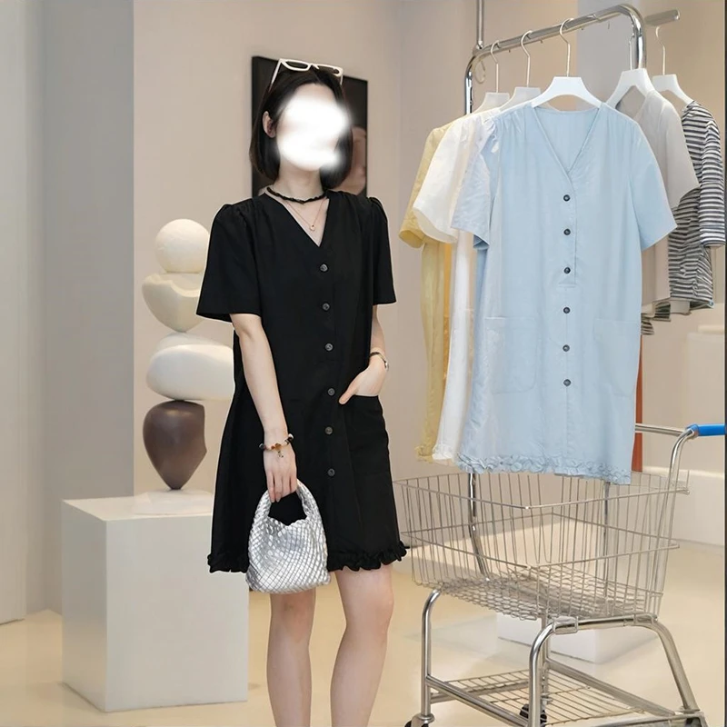 复古洋气木耳边V领纯色连衣裙女士夏季新款时尚气质宽松显瘦裙子