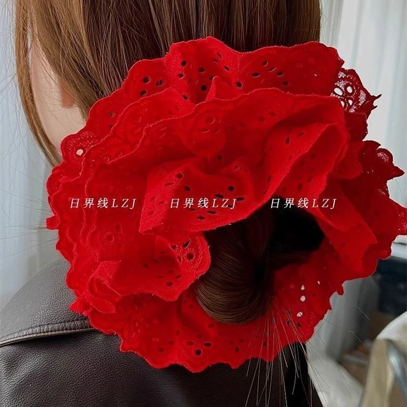 ins博主红色法式复古四层超大肠发圈 荷叶蕾丝边头花格子发绳发饰