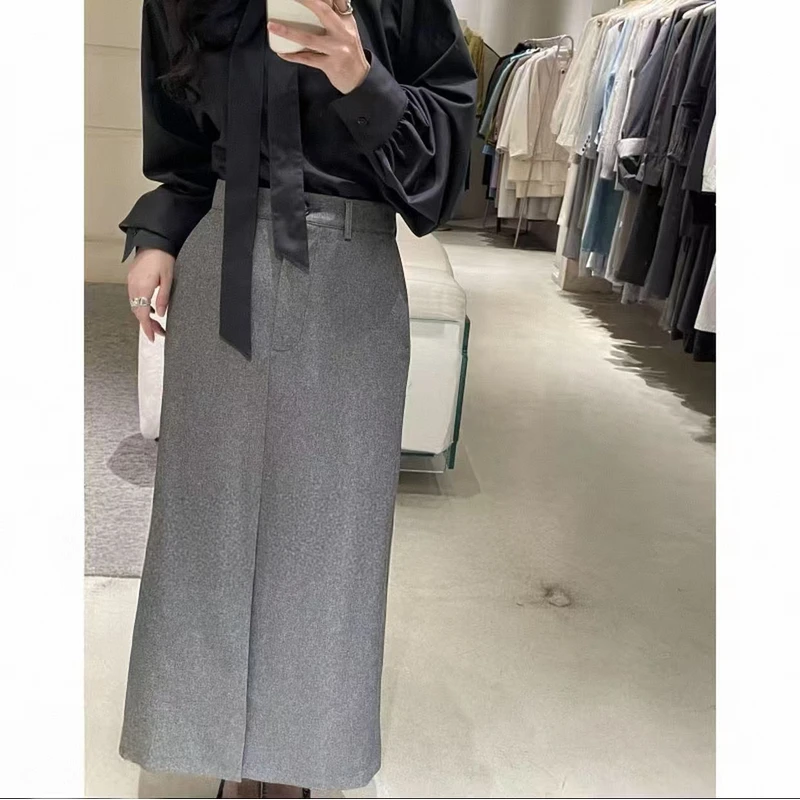 秋冬女式灰裙高腰修身长裙醋酸羊毛直筒裙优雅长裙